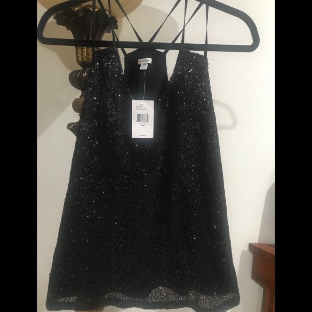 GUESS Jet Black Festive Sequins Top SZ Med. NWT